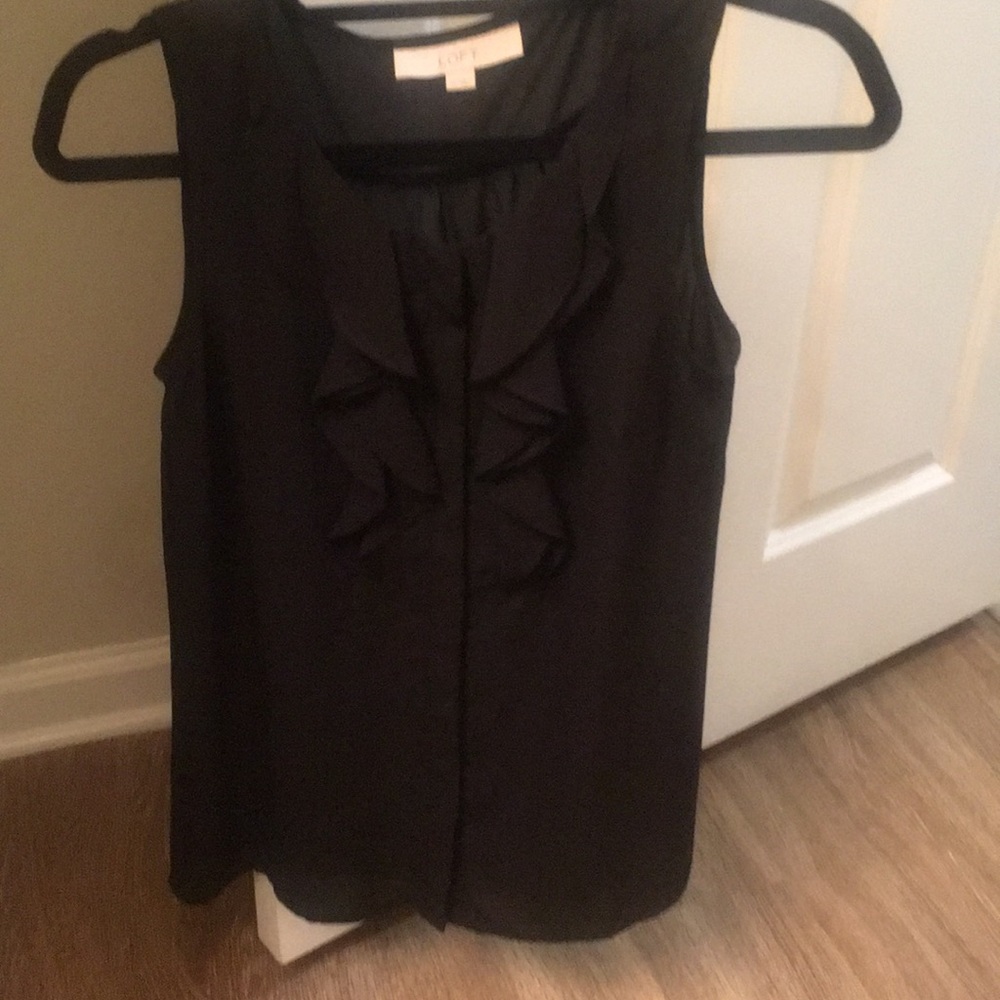 Loft black ruffle front sleeveless top- like new!